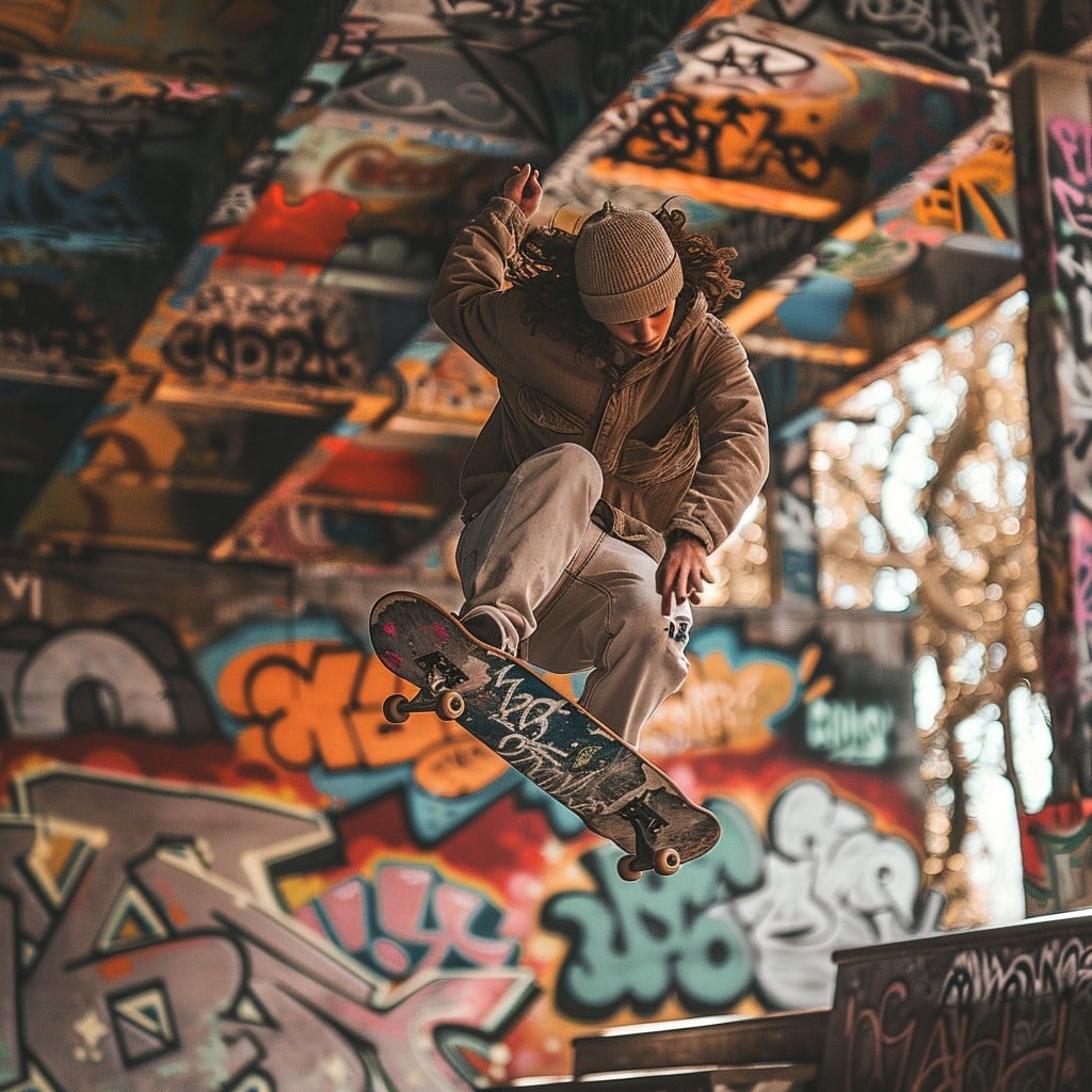 Skateboarder doing trick in urban environment
